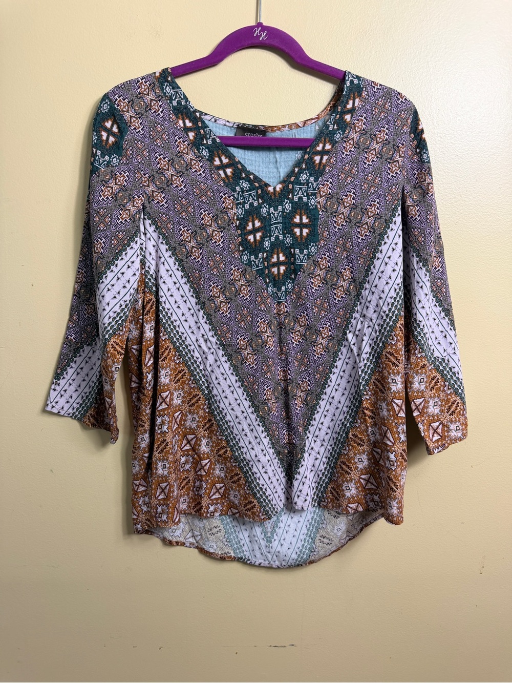 NWOT Crosby Boho Geometric V-Neck Hi-Low Blouse small pink purple